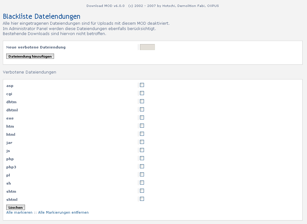 Blackliste für Dateierweiterungen