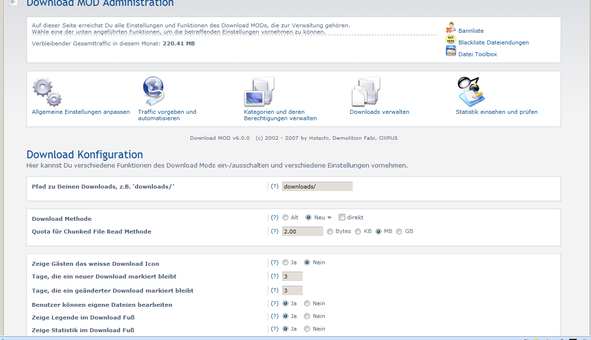 Oberer Teil der Konfigurationsseite