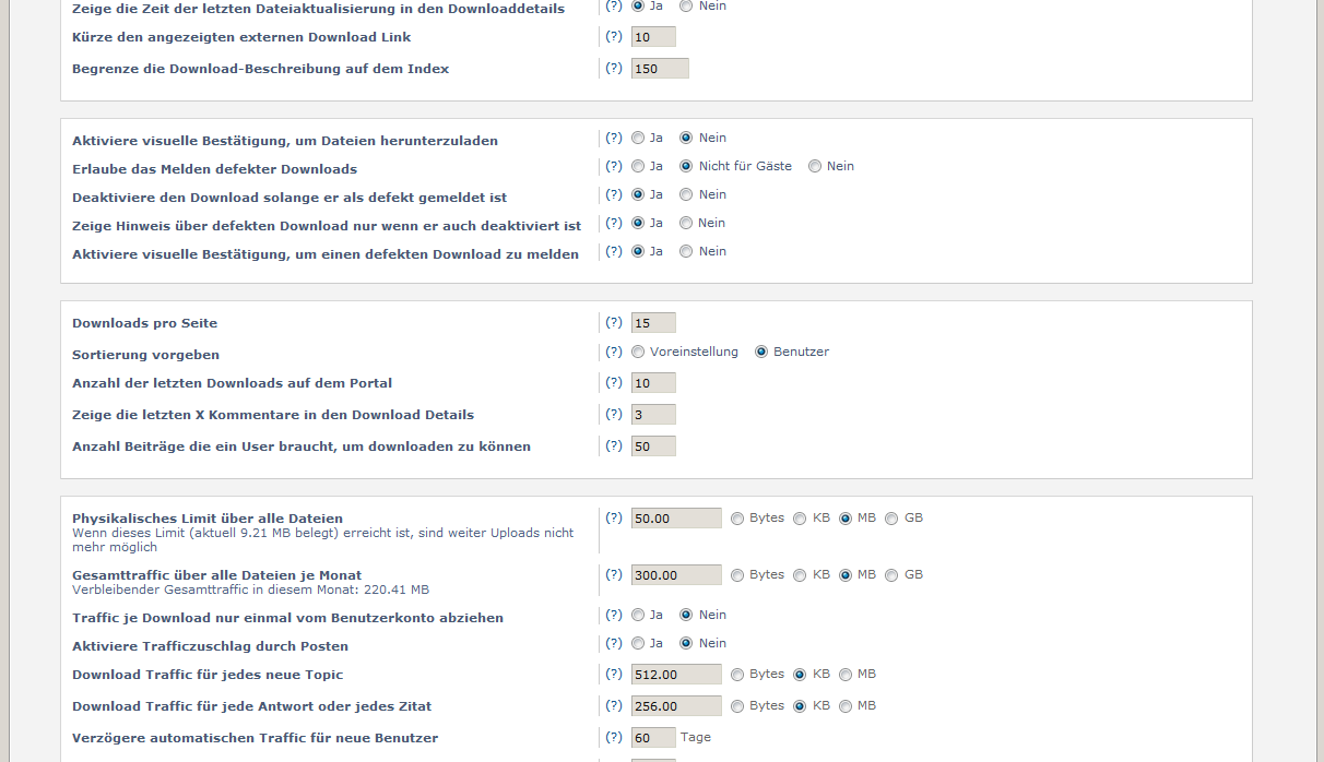 Mittlerer Teil der Konfigurationsseite