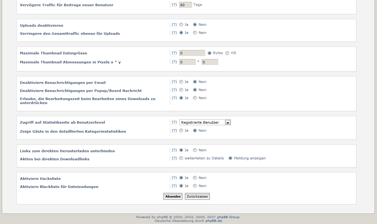 Unterer Teil der Konfigurationsseite